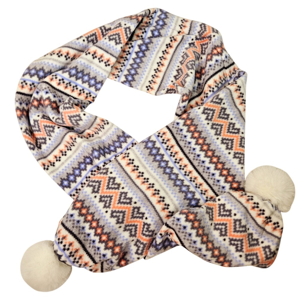Cuddl Duds Women Multicolor Fair Isle Fleece Pom-Pom Scarf Winter Cabincore Cozy